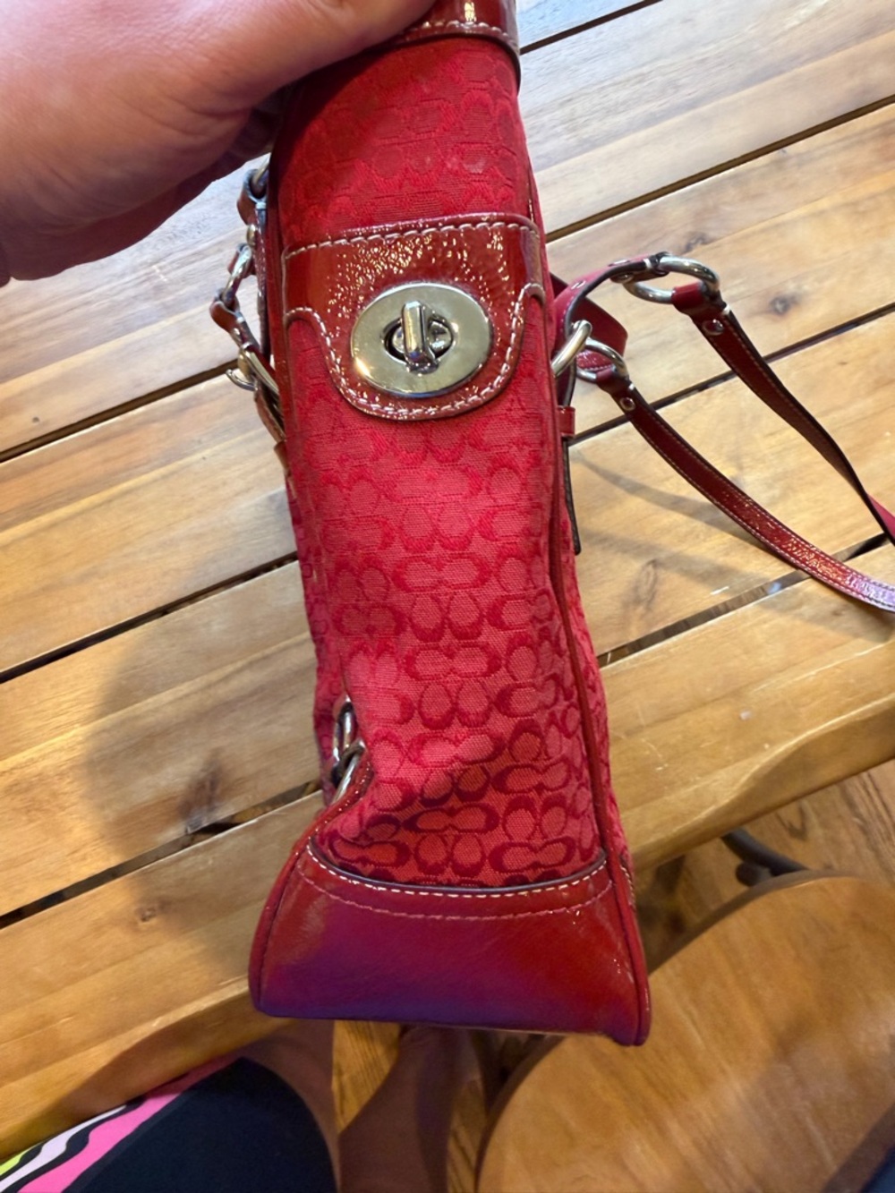 Coach Red Signature Canvas Tote with Patent Leather Trim - Picture 4 of 10